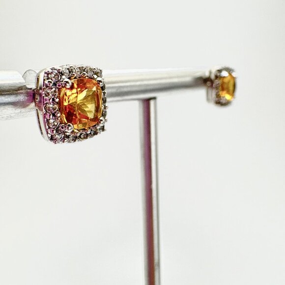 VTG Sterling Silver 925 Lemon Yellow Quartz CZ Halo Stud Earrings Size 8x8 mm - Picture 4 of 13